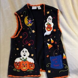 Vintage Carolina Colours Woman’s Halloween Vest with Pumpkin & Ghost Appliqués